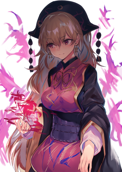 Anime picture 752x1062 with touhou junko (touhou) asuzemu single long hair tall image blush fringe breasts blonde hair simple background hair between eyes red eyes standing white background looking away long sleeves traditional clothes light smile wide sleeves