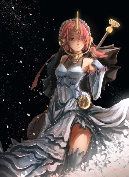 Anime picture 788x1080 with fate (series) fate/apocrypha frankenstein's monster (fate) anonamos701 single tall image fringe short hair blue eyes simple background bare shoulders looking away pink hair hair over one eye black background side slit expressionless bird on hand girl thighhighs