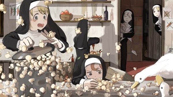 Anime-Bild 2048x1152 mit little nuns (diva) protagonist nun (diva) scowly nun (diva) half-bang nun (diva) hook-bang nun (diva) strands nun (diva) diva (hyxpk) fringe highres open mouth blonde hair brown hair wide image standing multiple girls looking away indoors eyes closed from behind mole