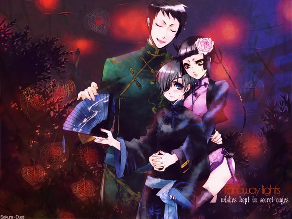 Anime picture 1400x1050 with kuroshitsuji a-1 pictures ciel phantomhive lau ranmao blush short hair blue eyes black hair smile yellow eyes braid (braids) eyes closed hair flower sweat hug chinese clothes group sweatdrop hug from behind