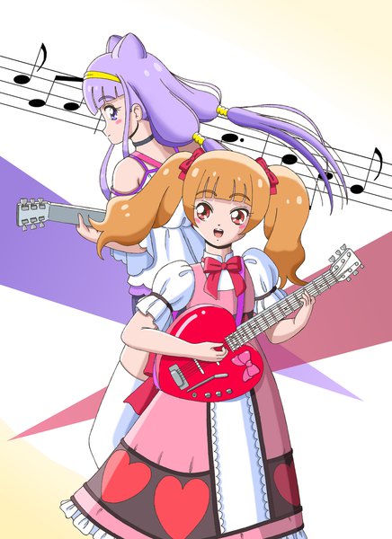 Anime picture 1600x2200 with precure hugtto! precure toei animation ruru amour aisaki emiru iinaoushi long hair tall image looking at viewer blush fringe open mouth smile red eyes standing purple eyes twintails bare shoulders multiple girls holding