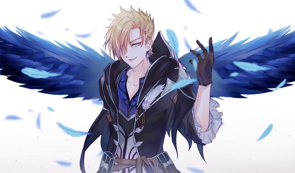 Anime picture 1700x1000 with ys ys ix monstrum nox credo ivrin haku wi single looking at viewer fringe short hair blue eyes simple background blonde hair wide image white background upper body hair over one eye boy gloves wings black gloves feather (feathers)