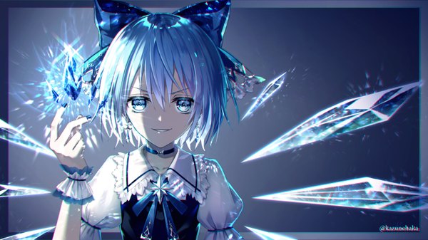 Anime picture 1422x800 with touhou cirno kazunehaka single looking at viewer fringe short hair blue eyes smile hair between eyes wide image signed blue hair nail polish puffy sleeves twitter username shaded face blue nail polish girl bow