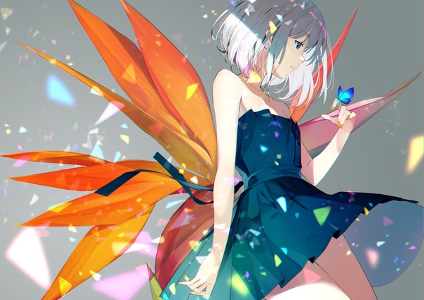 Anime picture 1800x1275 with original sutorora single fringe highres short hair bare shoulders green eyes looking away silver hair nail polish parted lips profile fingernails grey background anaglyph butterfly on hand girl dress flower (flowers)