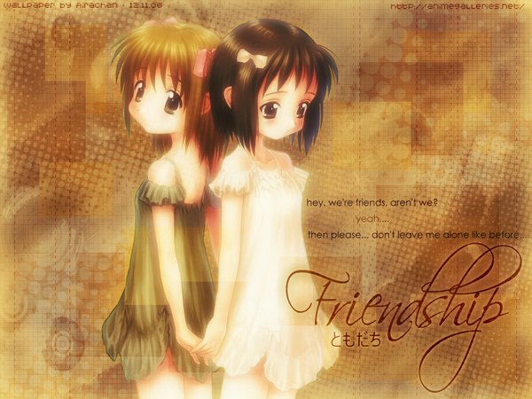 Anime picture 1024x768 with original goto p short hair black hair brown hair multiple girls brown eyes signed loli text holding hands english third-party edit back to back girl dress bow 2 girls hair bow