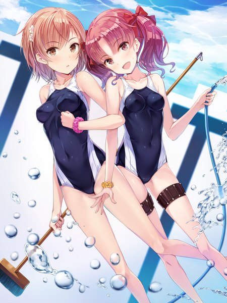 Anime picture 1050x1400 with to aru kagaku no railgun j.c. staff misaka mikoto shirai kuroko yokaze japan tall image looking at viewer blush fringe short hair breasts open mouth light erotic red eyes brown hair twintails multiple girls holding brown eyes pink hair