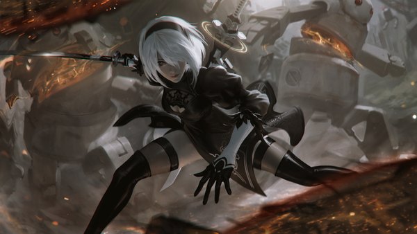 Anime picture 5000x2816 with nier nier:automata yorha no. 2 type b pod (nier:automata) raikoart single looking at viewer fringe highres short hair blue eyes wide image standing absurdres silver hair wallpaper puffy sleeves side slit anaglyph fighting stance