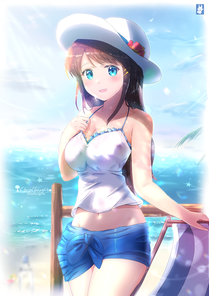 Anime picture 2000x2829 with original chinchongcha single long hair tall image looking at viewer blush fringe highres breasts open mouth blue eyes smile brown hair large breasts standing bare shoulders signed cleavage cloud (clouds)