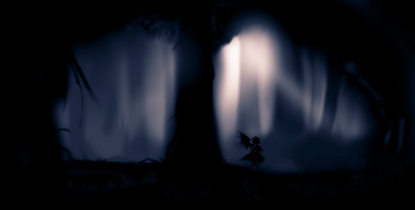 Anime picture 2514x1277 with touhou mystia lorelei highres wide image sunlight night shadow silhouette girl plant (plants) tree (trees) leaf (leaves) grass forest