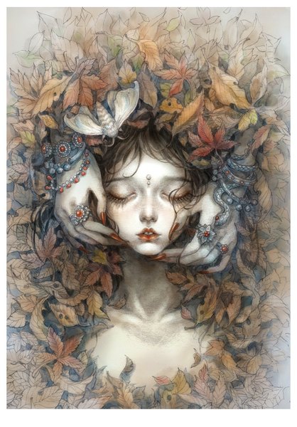 Anime picture 680x976 with original guge li tall image brown hair eyes closed nail polish parted lips fingernails lips eyebrows long fingernails traditional media watercolor (medium) girl bracelet leaf (leaves) insect ring beads moth