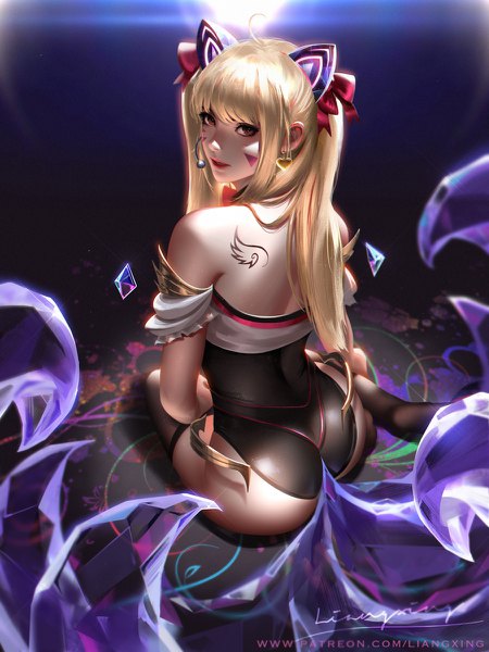 Anime picture 900x1200 with league of legends overwatch blizzard entertainment k/da (league of legends) ahri (league of legends) d.va (overwatch) k/da ahri liang xing single long hair tall image looking at viewer fringe open mouth light erotic blonde hair hair between eyes sitting twintails bare shoulders