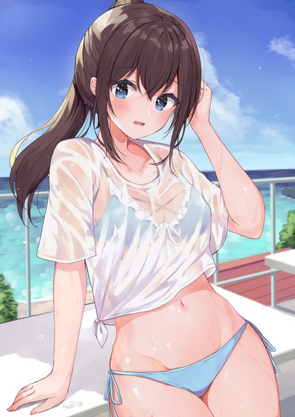 Anime picture 2894x4093 with original racchi. single long hair tall image looking at viewer blush fringe highres breasts open mouth blue eyes light erotic hair between eyes brown hair standing payot sky cloud (clouds) ponytail