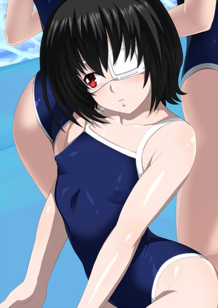 Anime picture 1074x1517 with another p.a. works misaki mei tall image blush short hair light erotic black hair red eyes game cg girl swimsuit eyepatch