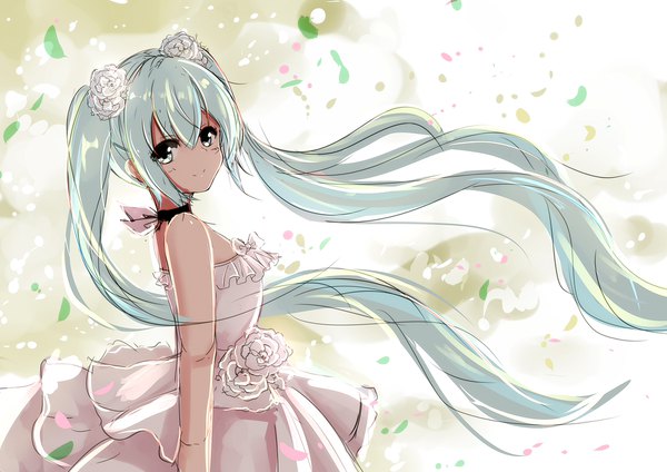 Anime picture 2046x1447 with vocaloid hatsune miku qingye ling single looking at viewer fringe highres hair between eyes bare shoulders very long hair hair flower aqua eyes light smile wind aqua hair girl dress flower (flowers) petals choker