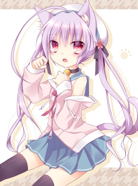 Anime picture 1000x1348 with original hoshi (snacherubi) single tall image looking at viewer blush open mouth sitting twintails bare shoulders animal ears purple hair tail long sleeves animal tail pleated skirt pink eyes hair flower cat ears cat tail