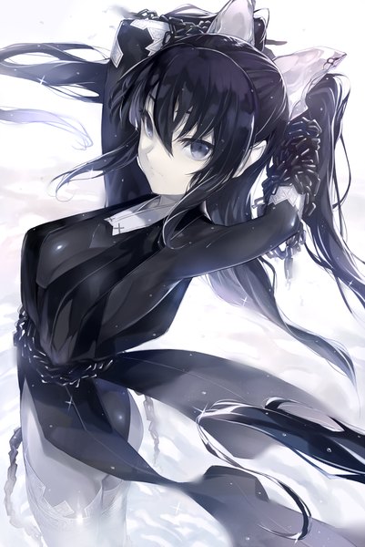 Anime picture 800x1196 with original shrimpman single tall image looking at viewer breasts light erotic black hair large breasts twintails very long hair traditional clothes japanese clothes no bra wet grey eyes pale skin transparent restrained girl