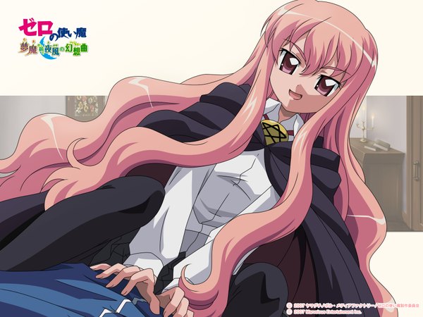 Anime picture 1600x1200 with zero no tsukaima j.c. staff louise francoise le blanc de la valliere hiraga saito long hair looking at viewer fringe open mouth smile hair between eyes sitting :d pink eyes official art copyright name head out of frame girl on top sitting on person girl boy