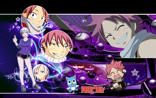 Anime picture 1280x800 with fairy tail natsu dragneel happy (fairy tail) lisanna strauss natsudrgonil short hair open mouth blue eyes smile wide image pink hair white hair eyes closed black eyes inscription coloring chibi girl boy wings