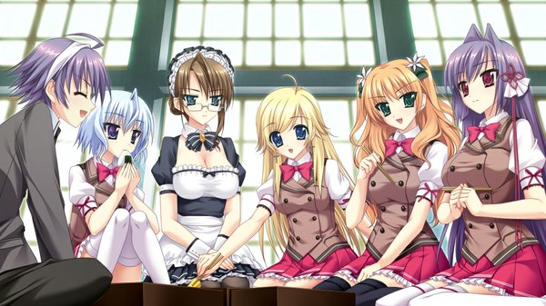 イラスト 1024x576 と shion no ketsuzoku (game) 長髪 短い髪 金髪 赤い目 茶色の髪 wide image 紫目 multiple girls 緑の目 game cg purple hair white hair オレンジ髪 maid 女の子 男性 眼鏡 5人女子