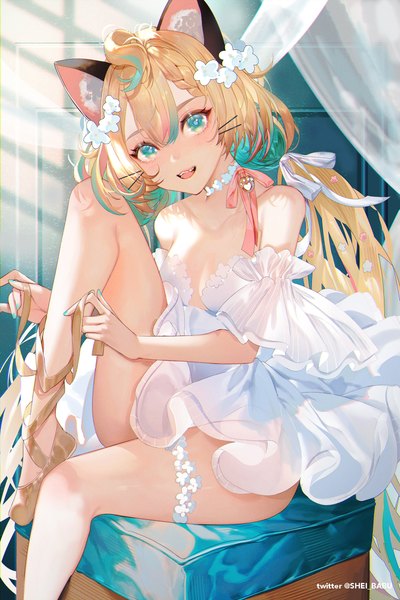Anime picture 1667x2500 with virtual youtuber nijisanji nijisanji en millie parfait shei99 single tall image looking at viewer blush fringe breasts open mouth light erotic blonde hair smile hair between eyes sitting twintails bare shoulders signed
