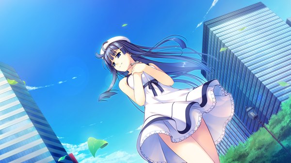 Anime picture 1280x720 with aete mushisuru kimi to no mirai misaki souka single long hair blue eyes black hair wide image game cg wind girl beret sundress