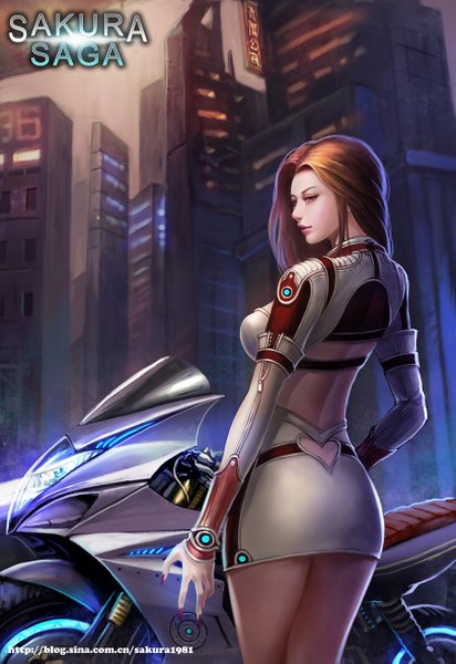 Anime picture 900x1309 with sakura1981 single long hair tall image breasts brown hair standing brown eyes nail polish profile fingernails lips inscription back glowing long fingernails glow girl building (buildings) motorcycle