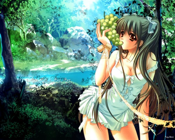 Anime picture 1280x1024 with quilt (game) carnelian long hair light erotic brown hair twintails brown eyes cleavage wallpaper eating fantasy river fairy girl dress bow ribbon (ribbons) plant (plants) hair bow tree (trees)