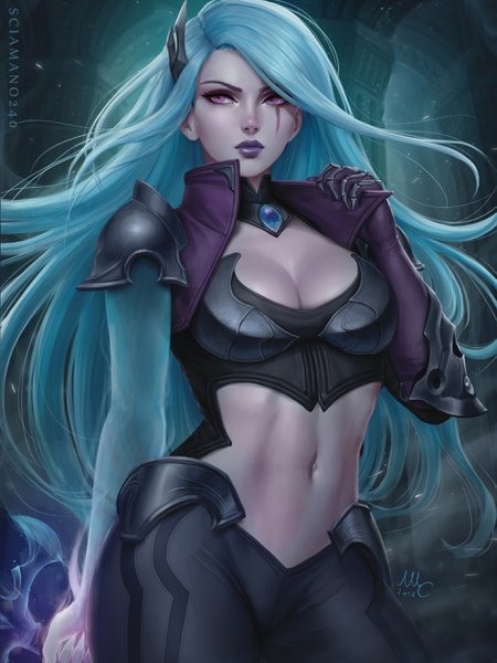 Anime picture 1875x2500 with league of legends katarina (league of legends) death sworn katarina sciamano240 single long hair tall image fringe highres breasts light erotic large breasts standing purple eyes holding signed payot blue hair looking away cleavage