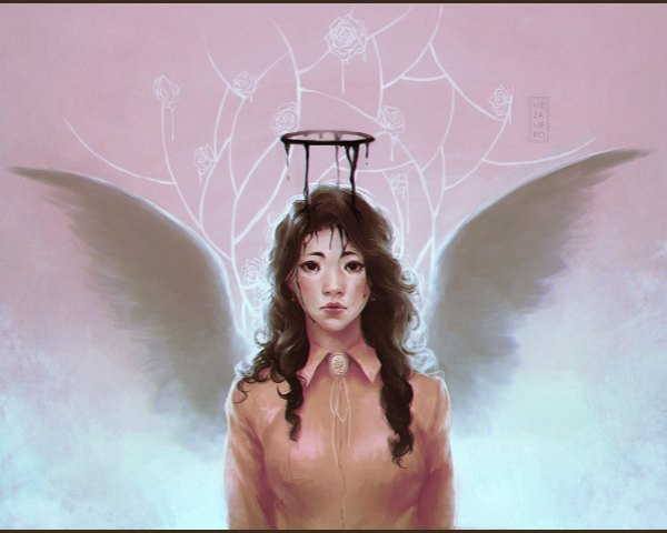 Anime picture 1198x960 with original mezamero single long hair breasts brown hair brown eyes angel wings girl shirt wings