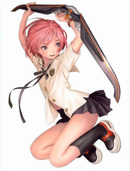 Anime picture 2661x3500 with shangri-la gonzo houjou kuniko range murata single tall image highres short hair open mouth simple background smile white background purple eyes looking away pink hair full body pleated skirt scan arms up official art