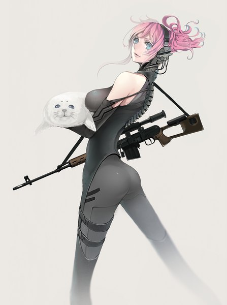 Anime picture 1932x2595 with nicole pmonachi single long hair tall image highres blue eyes light erotic simple background bare shoulders pink hair ponytail looking back girl weapon detached sleeves animal headphones gun seal