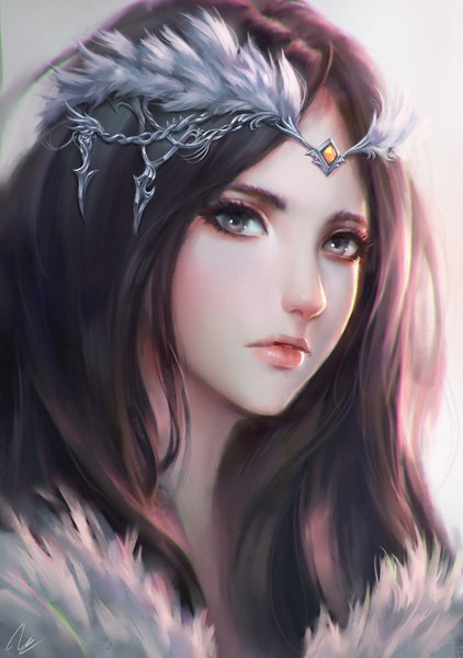 Anime picture 1012x1440 with original chaosringen single long hair tall image looking at viewer black hair simple background signed upper body parted lips lips realistic grey background grey eyes fur trim lipstick portrait pink lipstick makeup