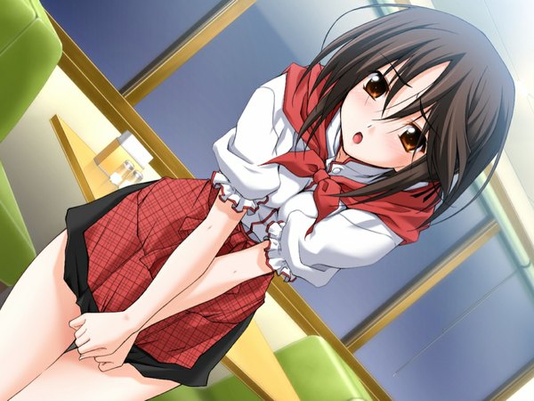 Anime picture 1024x768 with memories off matsuo yukihiro blush short hair brown hair brown eyes game cg skirt memories off#5 sendou mahiru