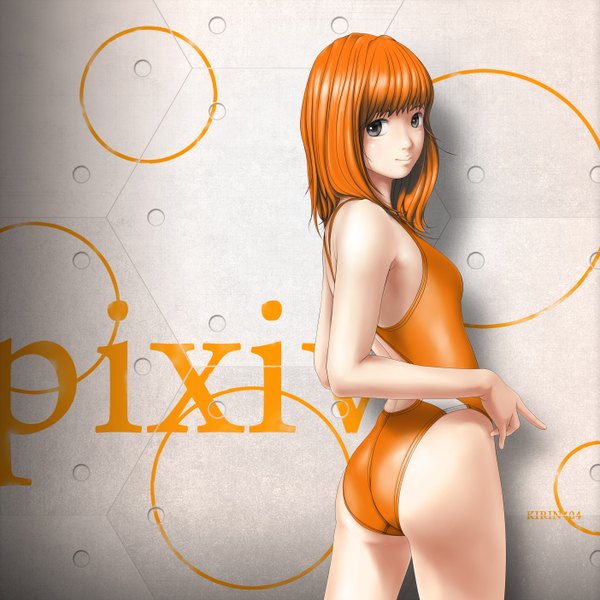 Anime picture 1404x1404 with original kirin404 single short hair light erotic ass looking back black eyes orange hair girl swimsuit wall