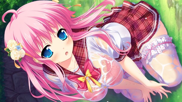 Anime picture 1280x720 with imouto paradise! imouto paradise! 2 nanase momoka itou life long hair blush breasts open mouth blue eyes light erotic wide image large breasts pink hair game cg hair flower wet clothes girl thighhighs uniform hair ornament