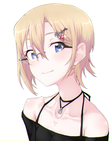 Anime picture 1623x2046 with strike witches ursula hartmann nasu4499 single tall image looking at viewer blush fringe short hair blue eyes blonde hair simple background hair between eyes white background bare shoulders head tilt light smile alternate costume portrait iron cross