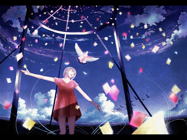 Anime picture 1330x1000 with original megatruh short hair open mouth sky cloud (clouds) letterboxed spread arms girl dress animal bird (birds) red dress confetti