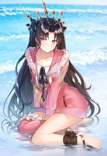 Anime picture 925x1345 with fate (series) fate/grand order ishtar (fate) ishtar (swimsuit rider) (fate) hakuishi aoi single long hair tall image looking at viewer blush light erotic black hair smile red eyes sitting full body sparkle two side up yokozuwari ankle ribbon