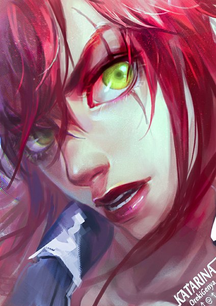 Anime picture 720x1018 with league of legends katarina (league of legends) oreki genya single long hair tall image looking at viewer open mouth green eyes signed red hair lips teeth facial mark close-up girl