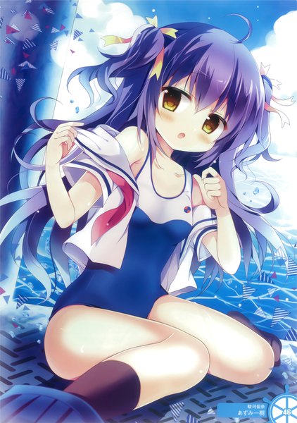 Anime picture 2700x3840 with high school fleet suruga runa azumi kazuki single long hair tall image blush highres open mouth light erotic brown eyes purple hair cloud (clouds) scan official art two side up girl ribbon (ribbons) swimsuit hair ribbon