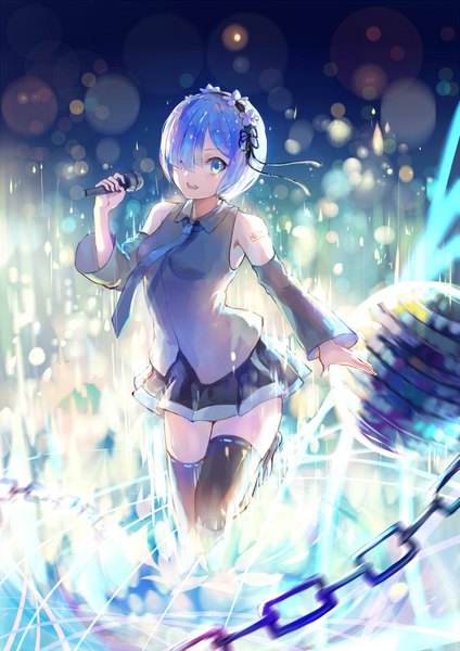 Anime picture 1400x1979 with re:zero kara hajimeru isekai seikatsu vocaloid white fox rem (re:zero) sishenfan single tall image looking at viewer blush fringe short hair breasts open mouth blue eyes smile standing bare shoulders holding blue hair bent knee (knees)