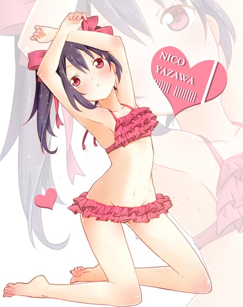 Anime picture 1000x1263 with love live! school idol project sunrise (studio) love live! yazawa nico banchii single long hair tall image blush breasts light erotic black hair red eyes twintails bare shoulders barefoot arms up bare legs bare belly armpit (armpits)