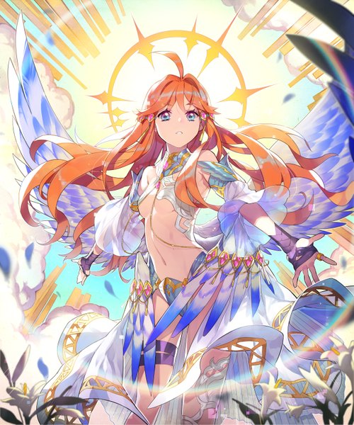 Anime picture 2500x3000 with original mansu single long hair tall image looking at viewer highres breasts open mouth blue eyes light erotic brown hair bare shoulders sky cloud (clouds) ahoge bare legs bare belly angel wings glow