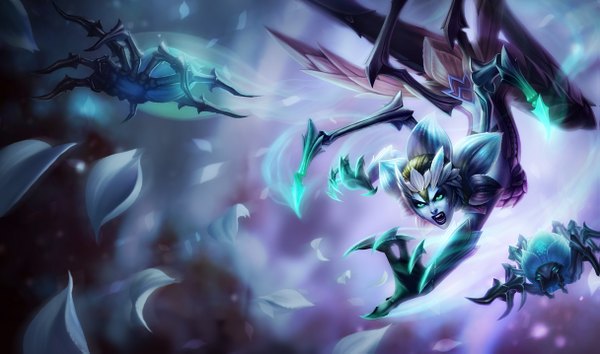 Anime picture 1215x717 with league of legends elise (league of legends) open mouth wide image green eyes monster girl girl petals spider