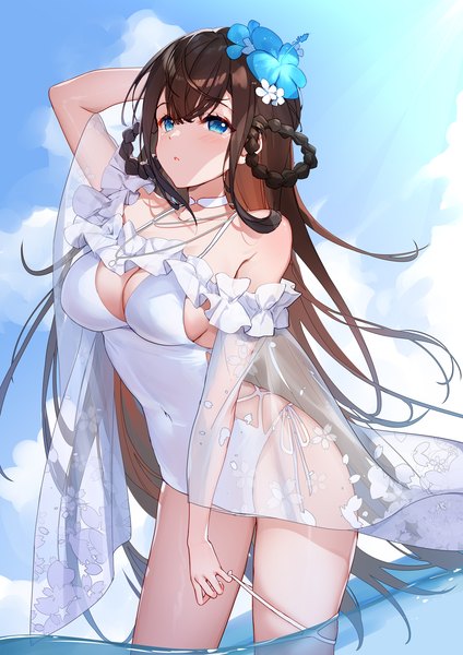 Anime picture 1200x1697 with original bison cangshu single long hair tall image fringe breasts blue eyes light erotic hair between eyes brown hair large breasts standing sky cloud (clouds) outdoors braid (braids) arm up hair flower partially submerged