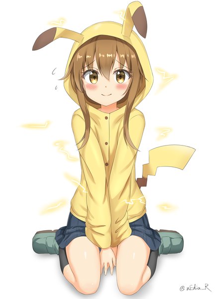 Anime picture 2388x3234 with kantai collection pokemon nintendo pikachu inazuma destroyer nedia (nedia region) single long hair tall image looking at viewer blush highres smile brown hair white background sitting signed yellow eyes long sleeves wariza