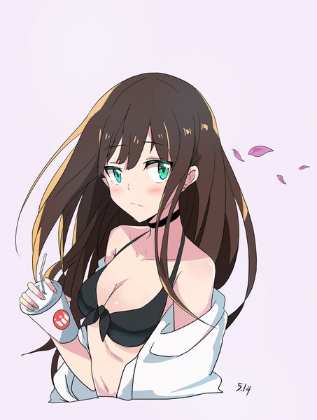 Anime picture 1200x1589 with idolmaster idolmaster cinderella girls shibuya rin ururu single long hair tall image blush breasts light erotic simple background brown hair green eyes looking away upper body from above dated pink background girl swimsuit