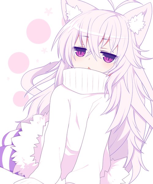 Anime picture 1000x1200 with original shiro (mofuaki) mofuaki single long hair tall image blush fringe open mouth simple background hair between eyes white background sitting purple eyes animal ears looking away silver hair ahoge tail animal tail