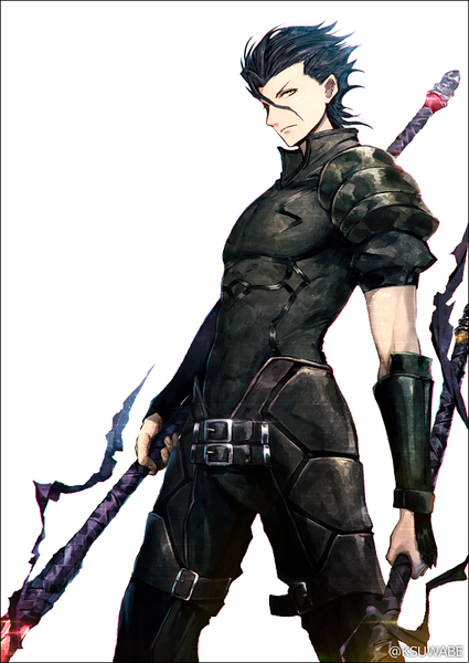 Anime picture 629x888 with fate (series) fate/zero diarmuid ua duibhne (lancer) (fate) k-suwabe single tall image looking at viewer fringe short hair black hair simple background hair between eyes white background holding signed yellow eyes profile twitter username dual wielding boy