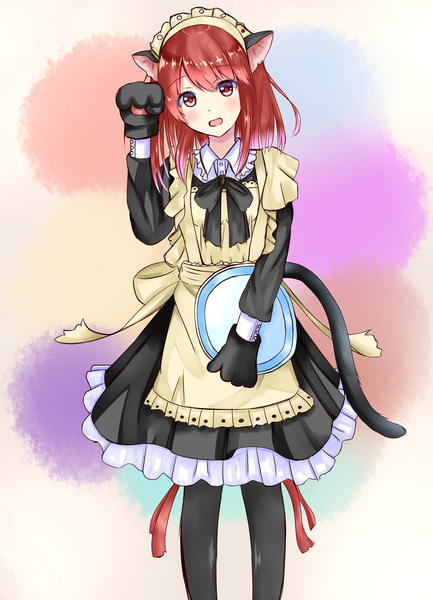 Anime picture 1600x2215 with original hiiragi natume single long hair tall image looking at viewer blush open mouth red eyes animal ears red hair cat ears maid cat girl cat tail girl headdress maid headdress
